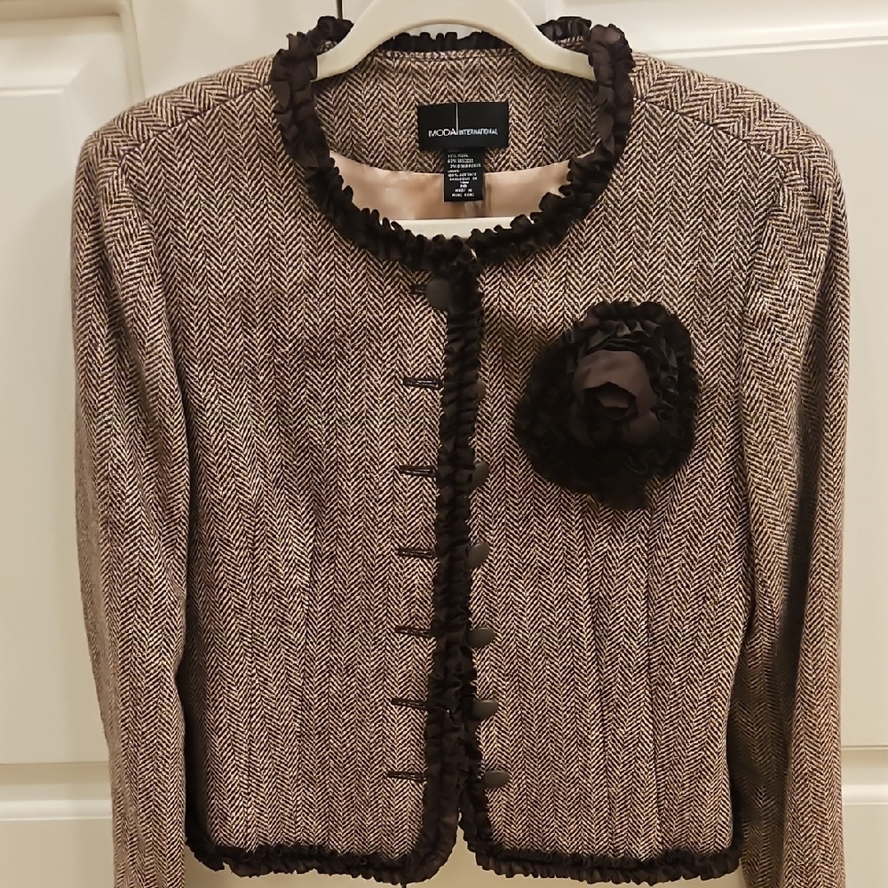Moda International Herringbone Blazer with Black Trim
